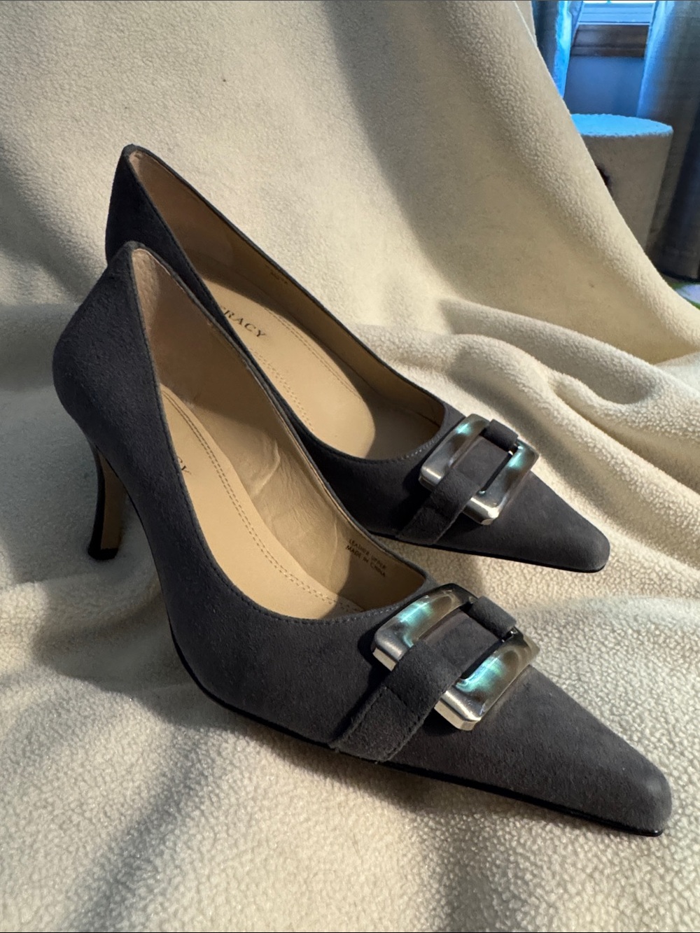 Ellen Tracy Black Suede Pointed-Toe Heels with Decorative Buckle